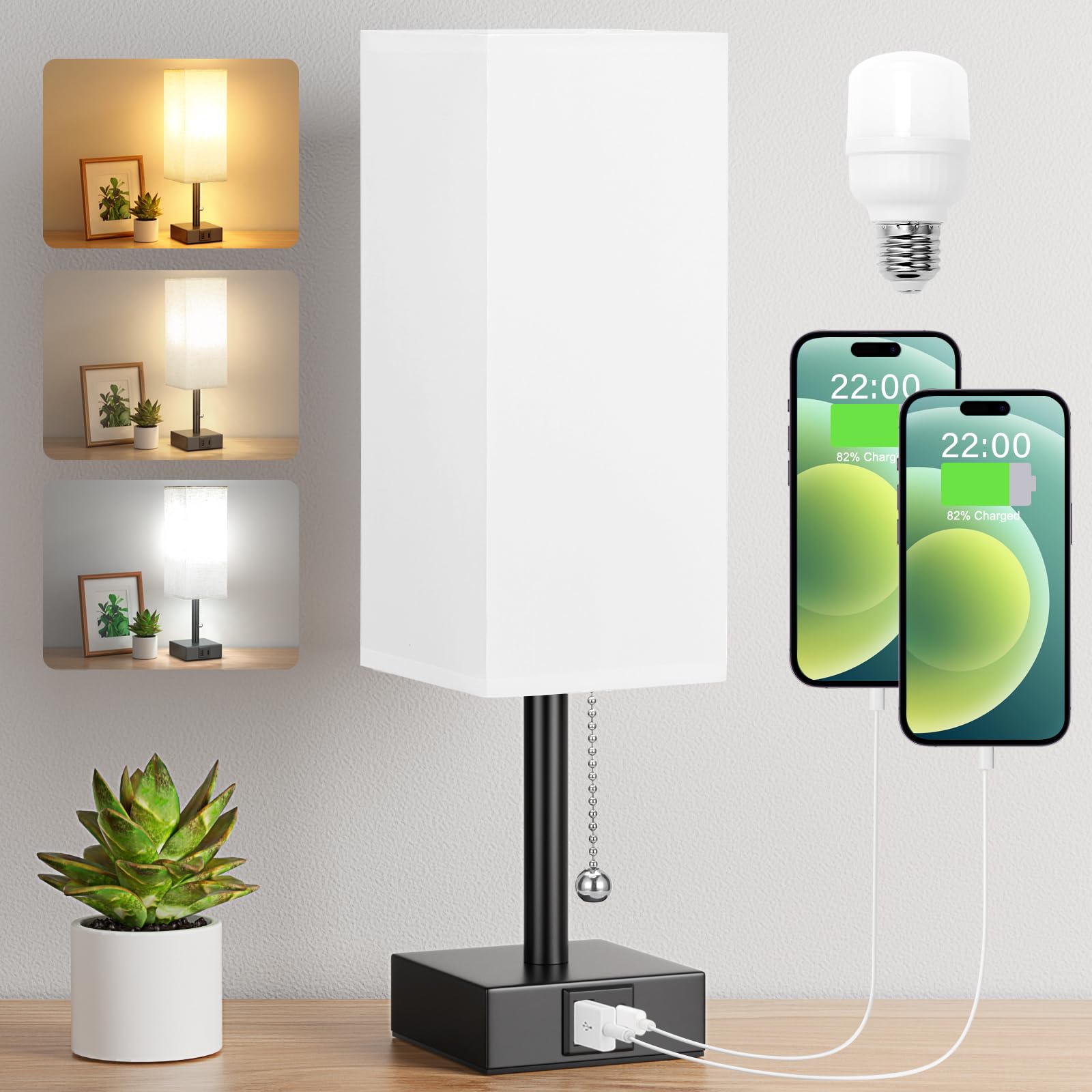 Aooshine Bedside Lamp, Table Lamp for Bedroom, Lamp with USB C+A Charging Ports, Small Bedroom Lamp with 3-Color Modes with Pull Chain, Bedroom Lamp with White Fabric Shade(LED Bulb Included) — image 1