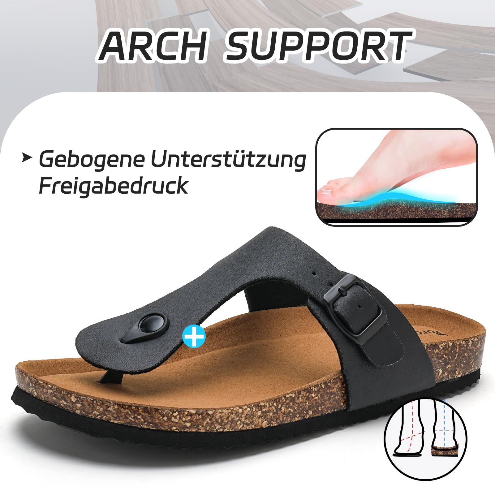 Torotto Damen Zehentrenner Flip Flops Pantoletten Hausschuhe Sportliche Kork-Fußbett Schlappen Mit Verstellbarer Rieme Sandalen(schwarz,40 EU) 5