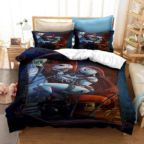 MULMF Bedding Set Full Size Bedding Set Duvet Quilt Cover Set The Nightmare Before Christmas Duvet Cover Sheet Pillowcase 3PCS