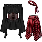 Shihanee Women Pirate Costume Outfits Renaissance Blouse Top Corset Pirate Skirt Medieval Accessories for Halloween Costume