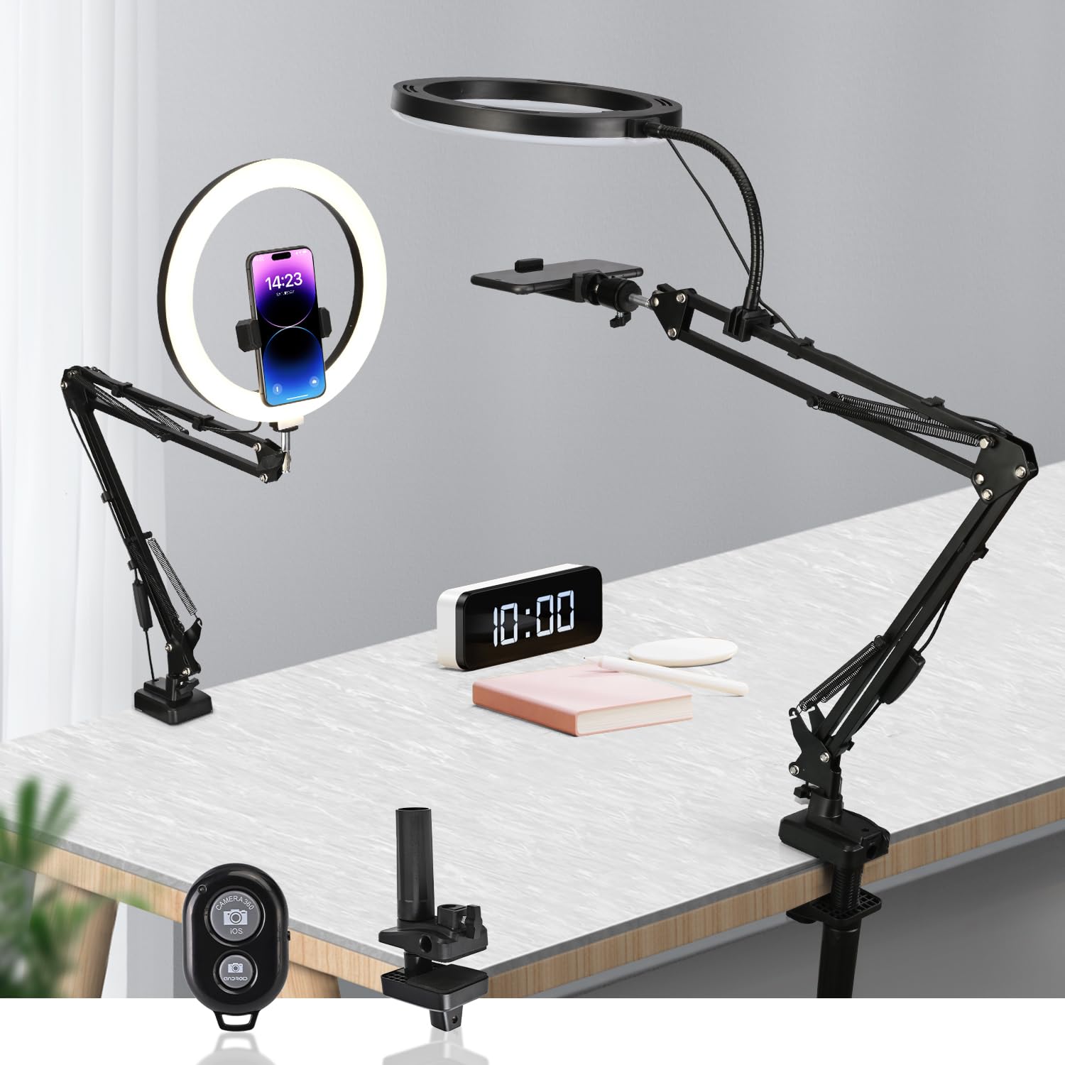 Photo 1 of WEIIBDIE Overhead Camera Mount with 10" Selfie Ring Light,Adjustable Phone Arm Stand, Desk Tripod Holder Content Creator Lighting Kit with Remote for iPhone Filming,Video Recording,Tiktok,YouTube