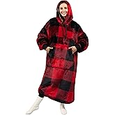 PAVILIA Blanket Hoodie for Women Red, Sherpa Wearable Blanket Men, Cozy Oversized Sweatshirt Blanket, Warm Fleece Hooded Blanket Sweater with Sleeves and Giant Pocket, Adult Long, Plaid Red