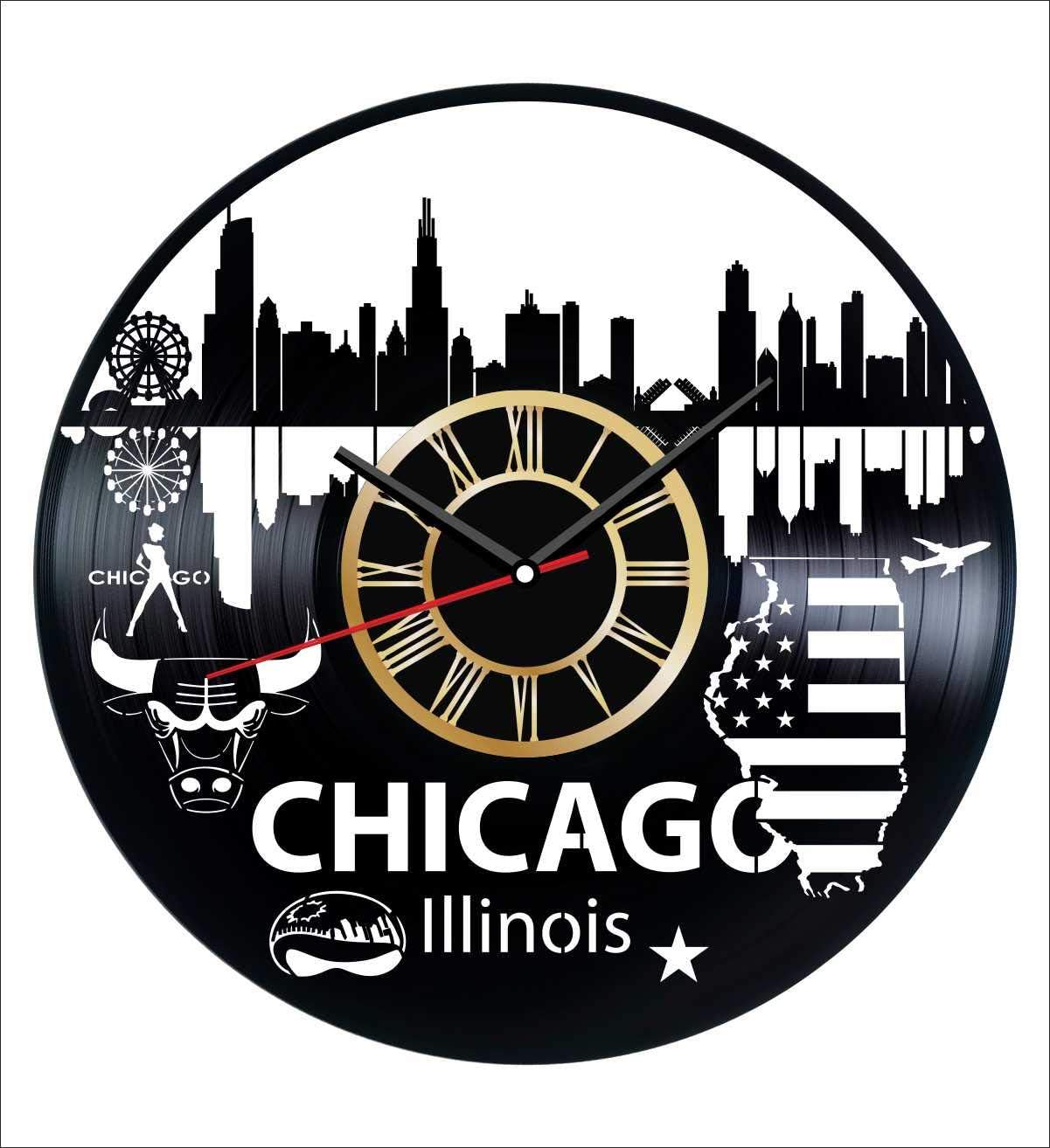 Illinois Chicago Vinyl Wall Clock Vintage Record - Get Unique Home and Office Decor Bedroom Kitchen Kids Living Room - Gifts for Men Women Kids Father Mother - Wall Art Design - Free Personalization