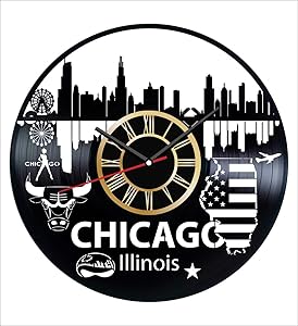 Illinois Chicago Vinyl Wall Clock Vintage Record - Get Unique Home and Office Decor Bedroom Kitchen Kids Living Room - Gifts for Men Women Kids Father Mother - Wall Art Design - Free Personalization