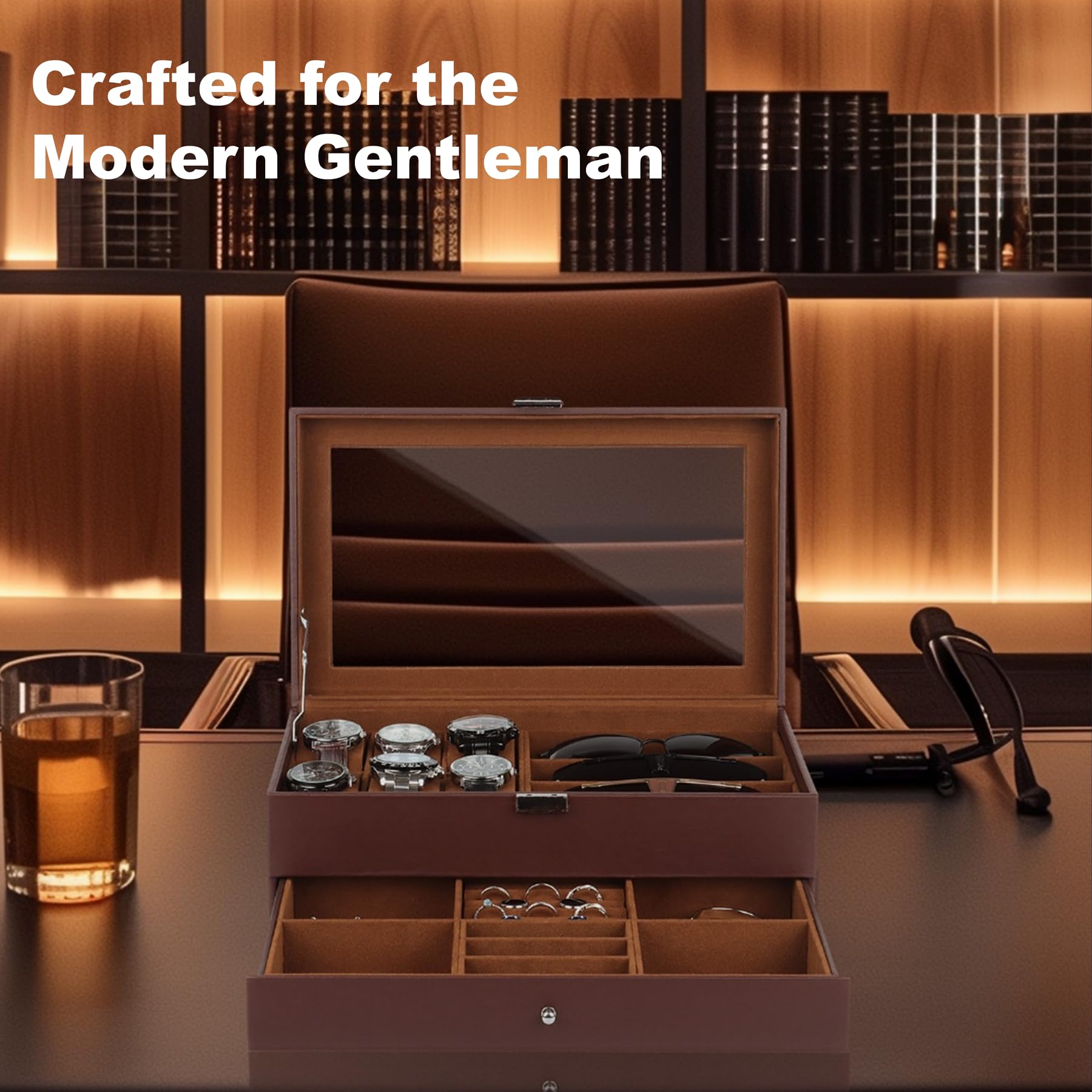 GLJ Jewelry Box for Men, 6 Slot Watch Box Jewelry Organizer With Drawer, Watch Case for Men with Large Window, 2-Layer Watch Holder, Sunglasses Storage Organizer, Velvet Lining, PU Leather, Gift Idea