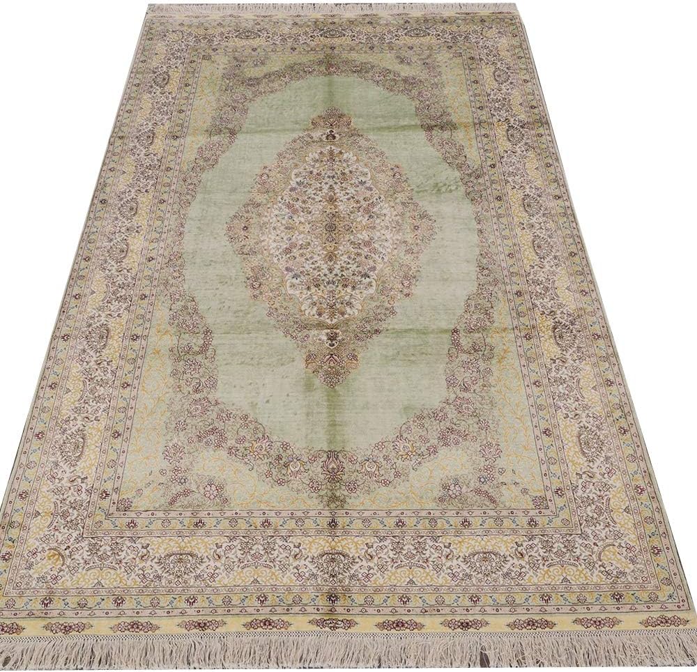 YILONG CARPET 5' x 8' Hand Knotted Traditional Nain Persian Silk Carpet Floral Medallion Light Green Handmade Oriental Rugs 653A5X8