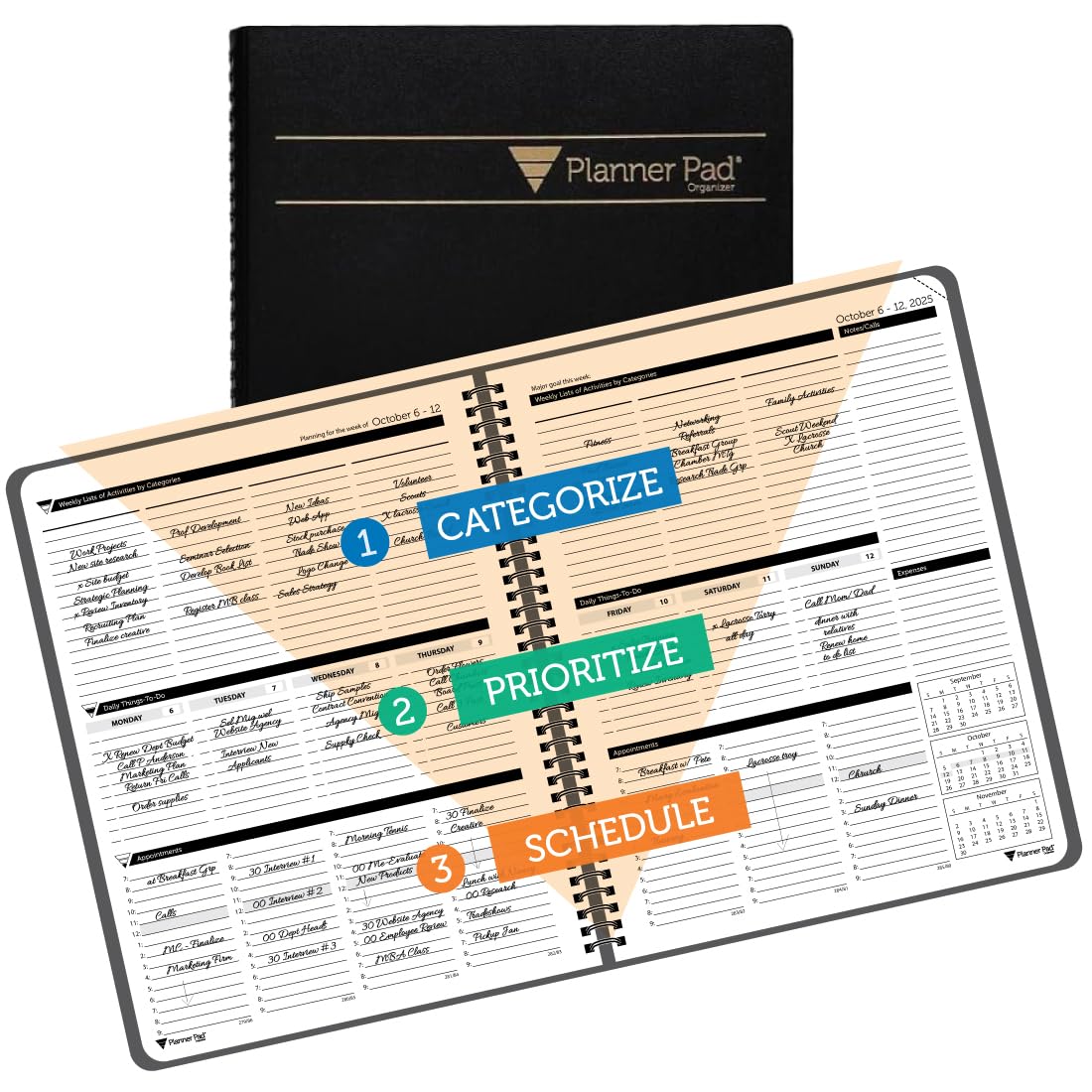 Planner Pad Spiral Bound 3-Tier Funnel Down 12 Month Organizer, October 2025 – September 2026, Black Cover/Black Ink, 8 1/2" x 11" Image