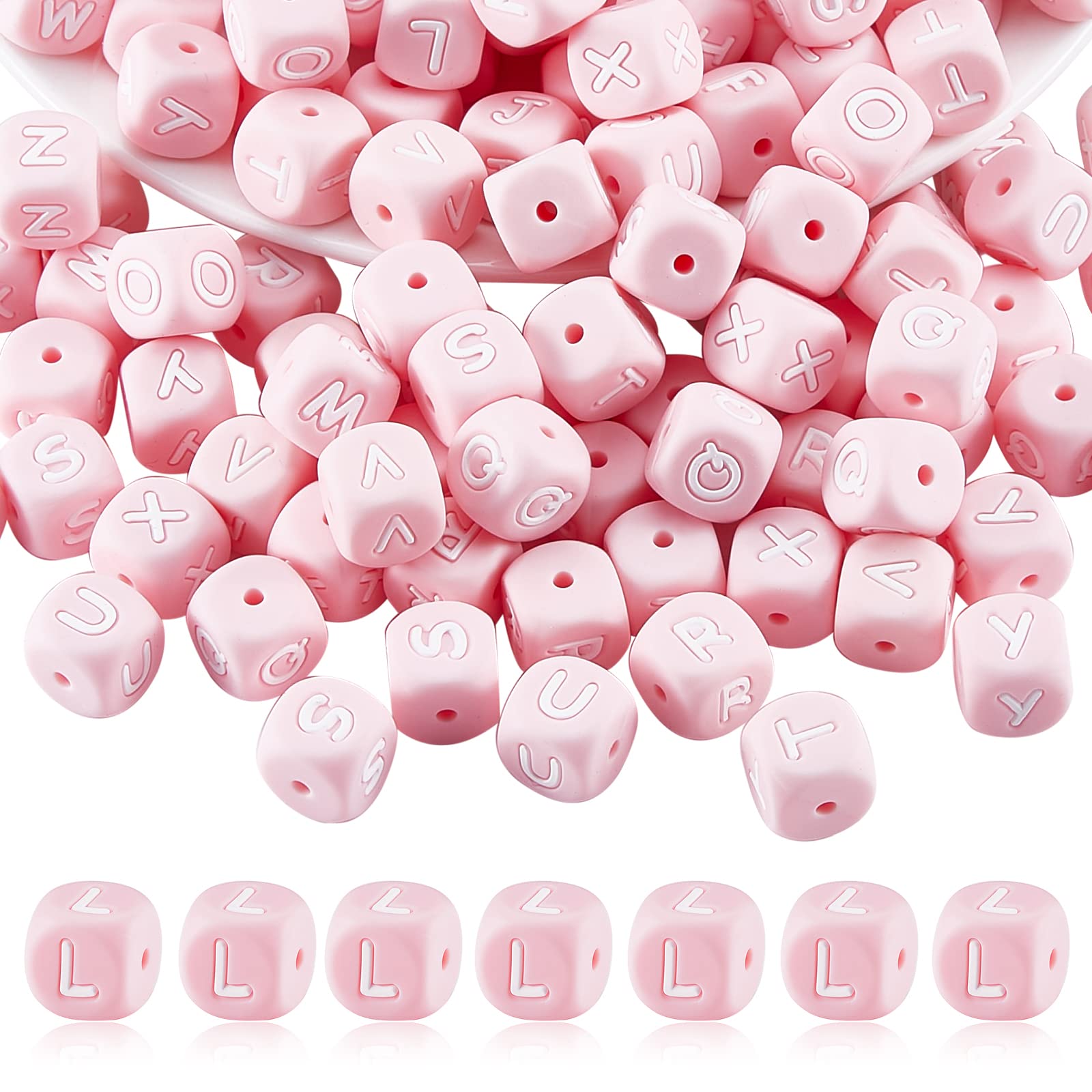 BEEFLYING Pink Cube Silicone Dice Letter Beads (Letter L) 20 Pieces 12mm Square for Bracelet Necklace Jewelry Making Decoration
