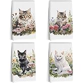 4 Pcs Watercolor Cat Kitchen Towels, Pastoral Flower Decorative Absorbent Microfiber Dish Cloth Tea Towel, Waffle Soft Hand Towels for Farmhouse Home Bathroom Kitchen Decor, Cat Lover Gifts for Women