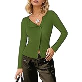 COCCKO Cardigan Sweaters for Women 2026 Asymmetrical Button Up Long Sleeve Shirts Ribbed Crop Tops Spring Fashion Outfits