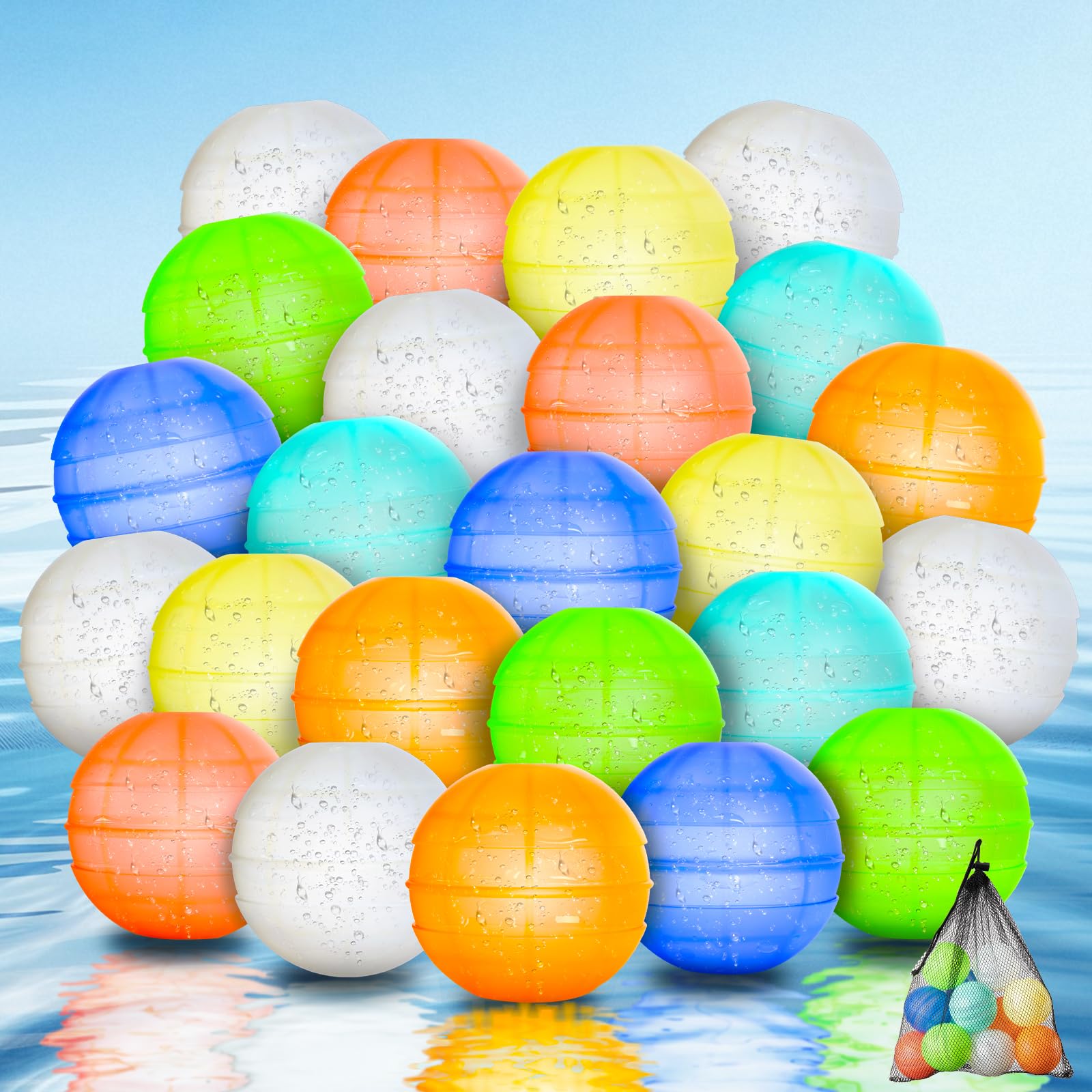 Photo 1 of 24PCS Reusable Water Balloons, Latex-Free Silicone Water Splash Balls for Kids and Adults, Self-sealing silicone water elastic with mesh bag?Summer Toys Swimming Pool Party Supplies Bath Toy Gift