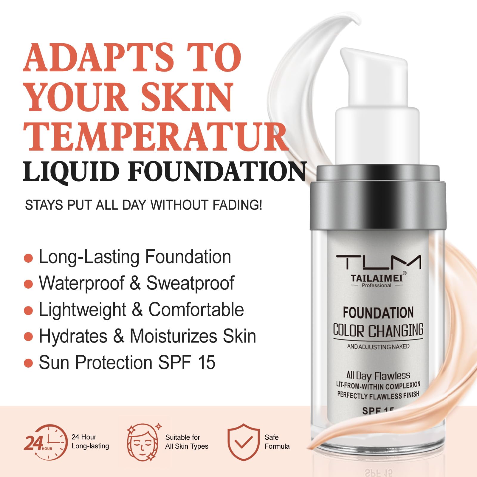2PCS Flawless Colour Changing Warm Skin Tone Foundation, Naturally Blends Moisturizing foundation makeup, Long Lasting Waterproof Lightweight Liquid Foundation SPF 15 for Face Makeup