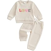 Yuufuniy Toddler Baby Girl Valentines Day Outfit Heart Embroidery Waffle Long Sleeve Sweatshirt Pants Winter Spring Clothes