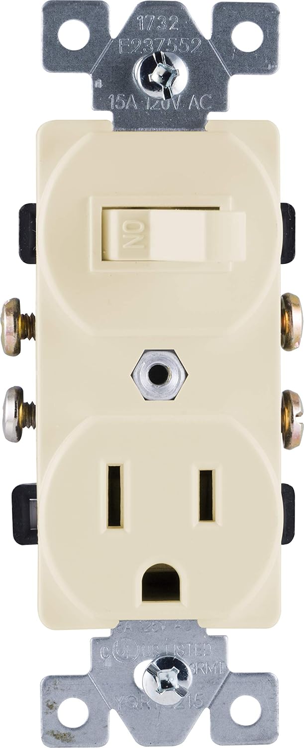 GE Wall Switch & Outlet Combo, Two-in-One Receptacle, 1 On/Off Toggle Power Switch, 1 Grounded AC Outlet Wall Plug, Single Pole, 3 Prong, 15 Amp, UL Listed, White, 59797 - Wall Light Switches - 