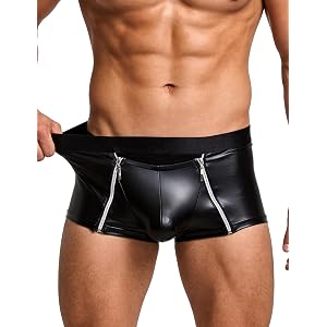 ohmydear Men's Sexy Underwear Lingerie with Zipper Black Shorts Boxer Brief | PU Leather Finish,Wide Elastic Waistband,Dual S
