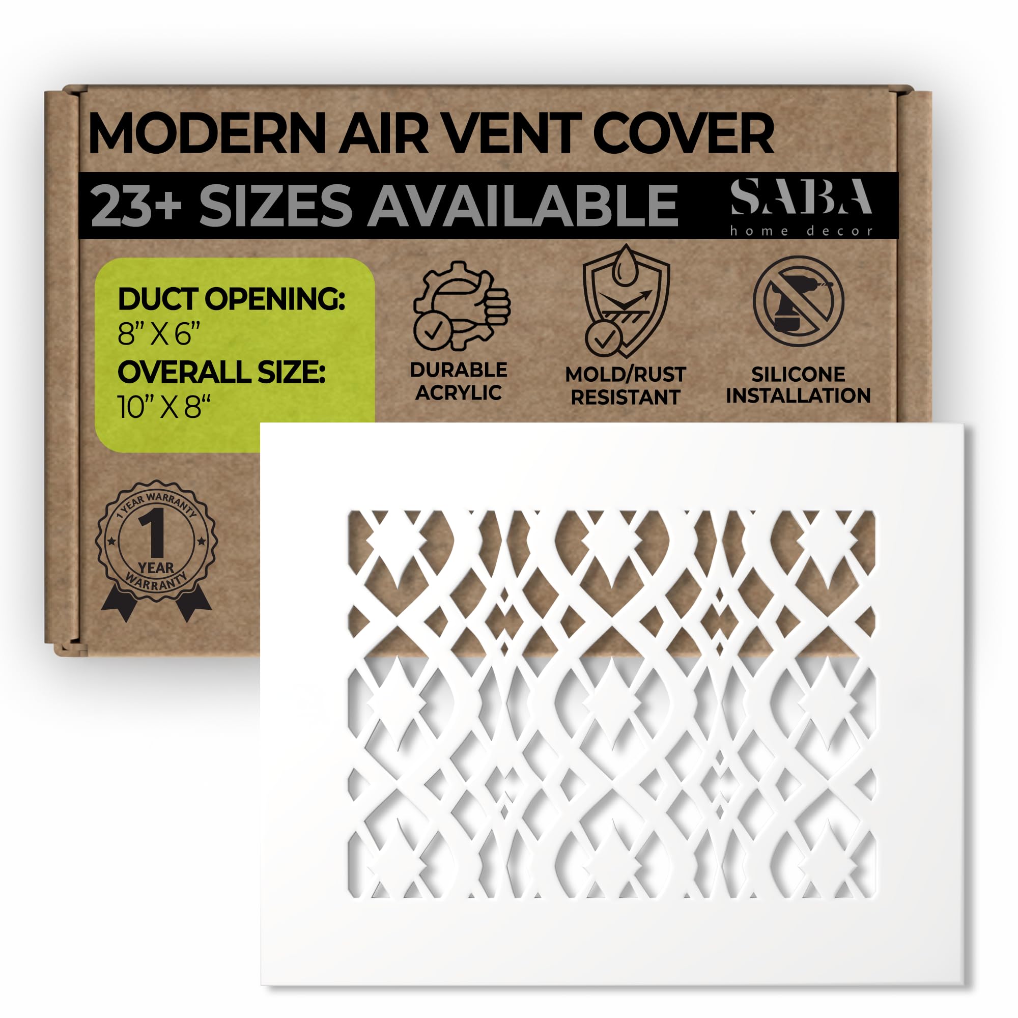 SABA Home Decor Air Vent Cover Grille - Acrylic Fiberglass 6" x 8" Duct Opening (8" x 10" Overall) White Finish Decorative Register Covers for Walls and Ceilings, Charlotte (6" x 8", White)