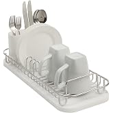 SunnyPoint 304 Stainless Steel NeverRust Compact Dish Drying Rack with Utensil Holder &amp; Removable Drain Tray, Rustproof Small Dish Rack for Kitchen Countertop or Over Sink (Metallic Silver, Compact)