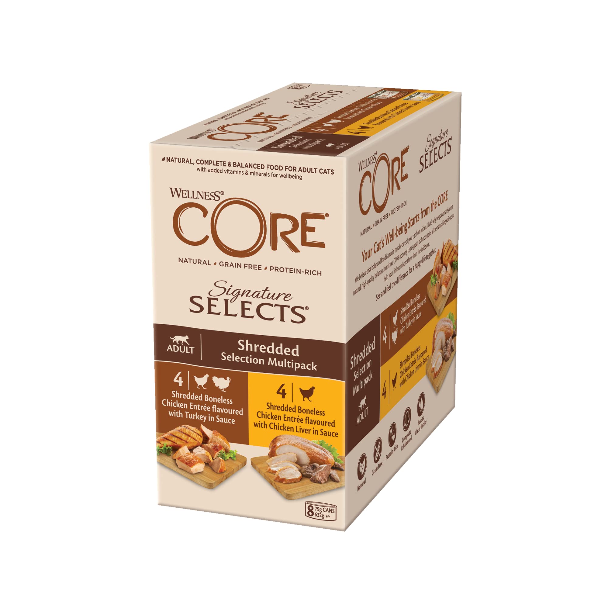 Wellness CORE Signature Selects 8 x 79g, Chicken & Turkey Selection – Wet Cat Food, Tasty Shreds in Sauce, Grain-Free, Natural, Hypoallergenic, Protein-Rich, High Meat Content