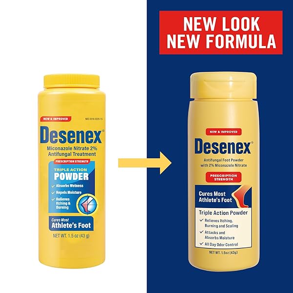 DESENEX ANTI-FUNGAL FOOT POWDER, CURES MOST ATHLETE’S FOOT, 2% MICONAZOLE NITRATE, HELPS RELIEVE ITCHING, BURNING AND SCALING, ATTACKS AND ABSORBS MOISTURE, ALL DAY ODOR CONTROL, 1.5OZ
