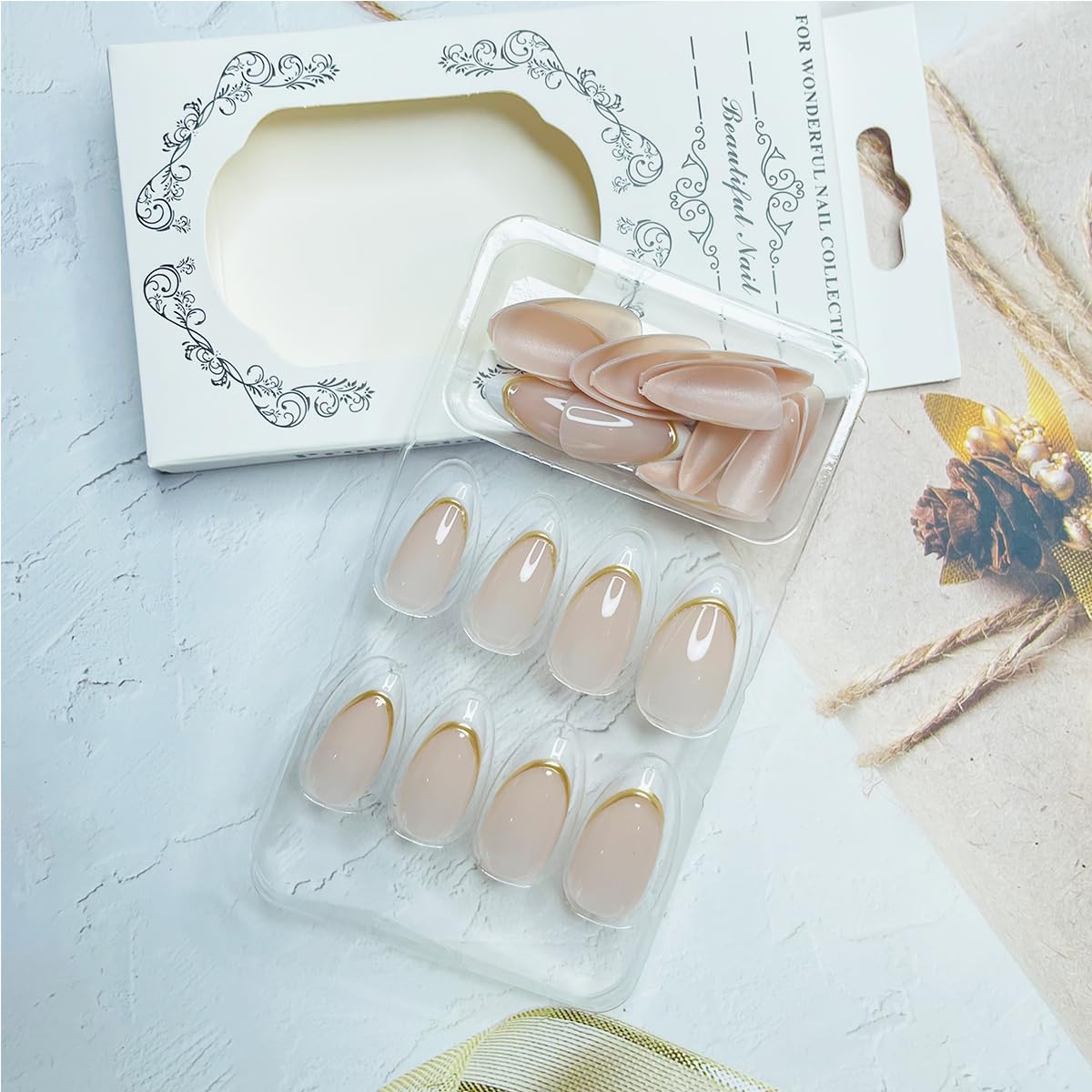 Almond Press on Nails Short White French Tip Fake Nails with Chrome Gold Line Designs Glossy Full Cover Glue on Nails Almond Shape Acrylic Nails French False Nails for Women Girls Manicure 24Pcs - Image 5