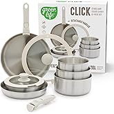 GreenLife 10 Piece Stainless Steel Pots and Pans, Detachable & Stackable Kitchen Set, Tri Ply Clad PFAS Free Cookware, Space Saving with Removable Handle, Induction & Oven Safe, RV Cookware, Glass Lid