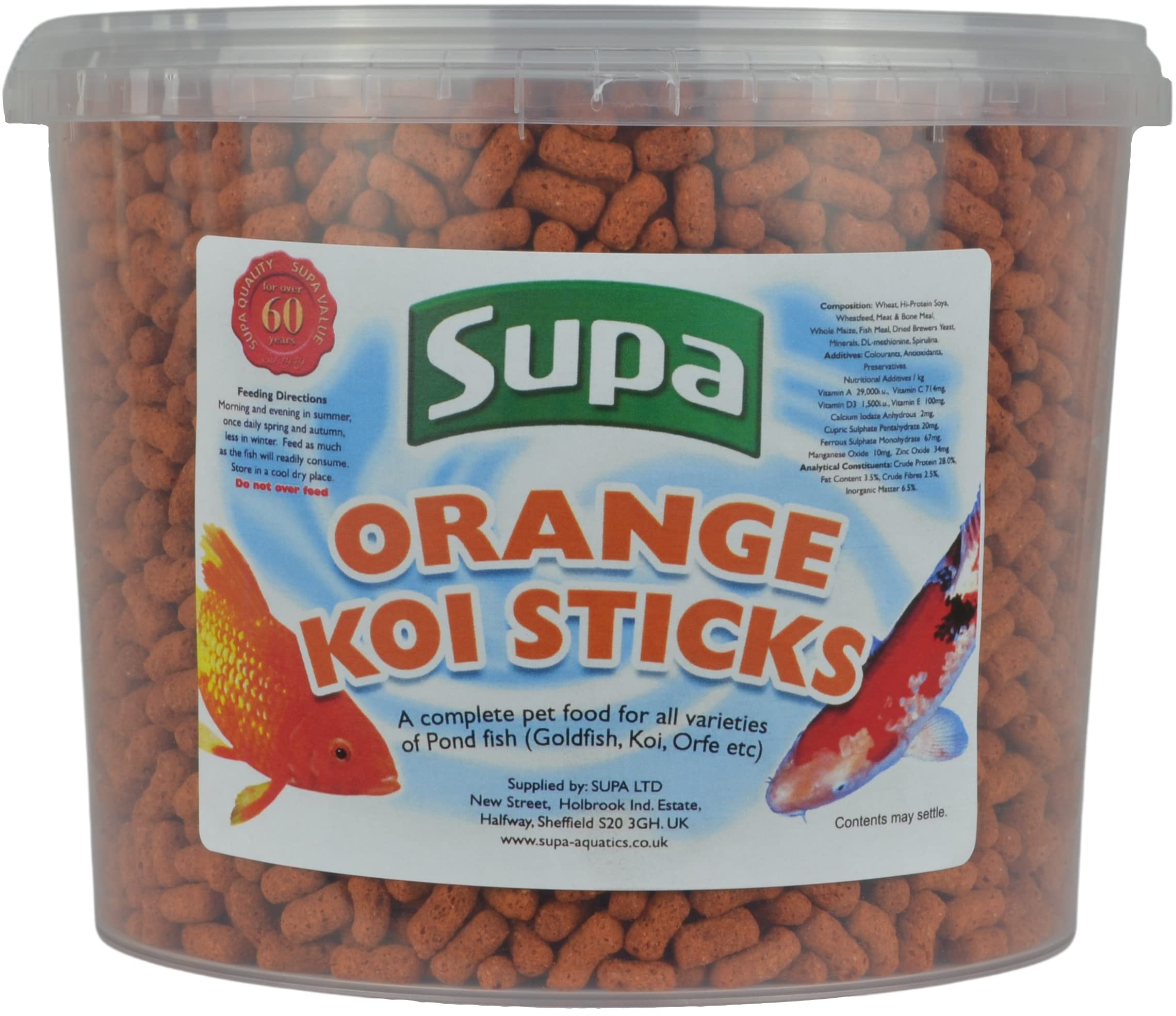 Supa Koi Orange Pond Sticks Fish Food 3 Litre Bucket | Premium Quality Pond Fish Food Offering A Nutritionally Balanced Diet | Contains Spirulina Which Enhances The Colour Of Your Fish