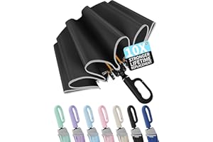 Seniny Travel Umbrella with Carabiner Handle, Windproof Large Umbrellas for Rain with Dual-Rib Structure, Portable Compact Umbrella with Reflective Strip, Car Backpack UV Umbrellas for Sun Protection