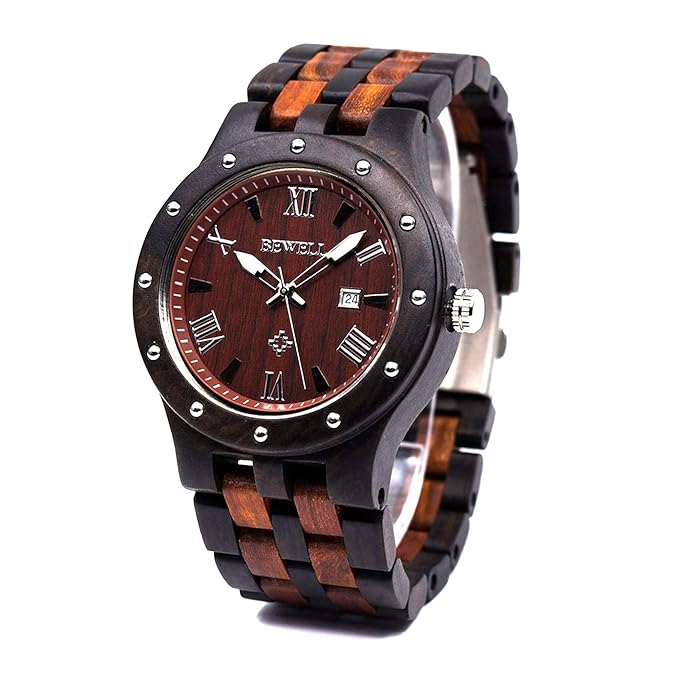 BEWELL Herren Uhr Analoge japanische Bewegung Sandelholz-Uhrenarmband und Kalender 109A