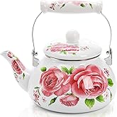 Hiceeden 2.6 Quart Vintage Enamel Tea Kettle, Pink Tea Teapot with Floral Pattern, Steel Water Kettle Pot with Porcelain Hand