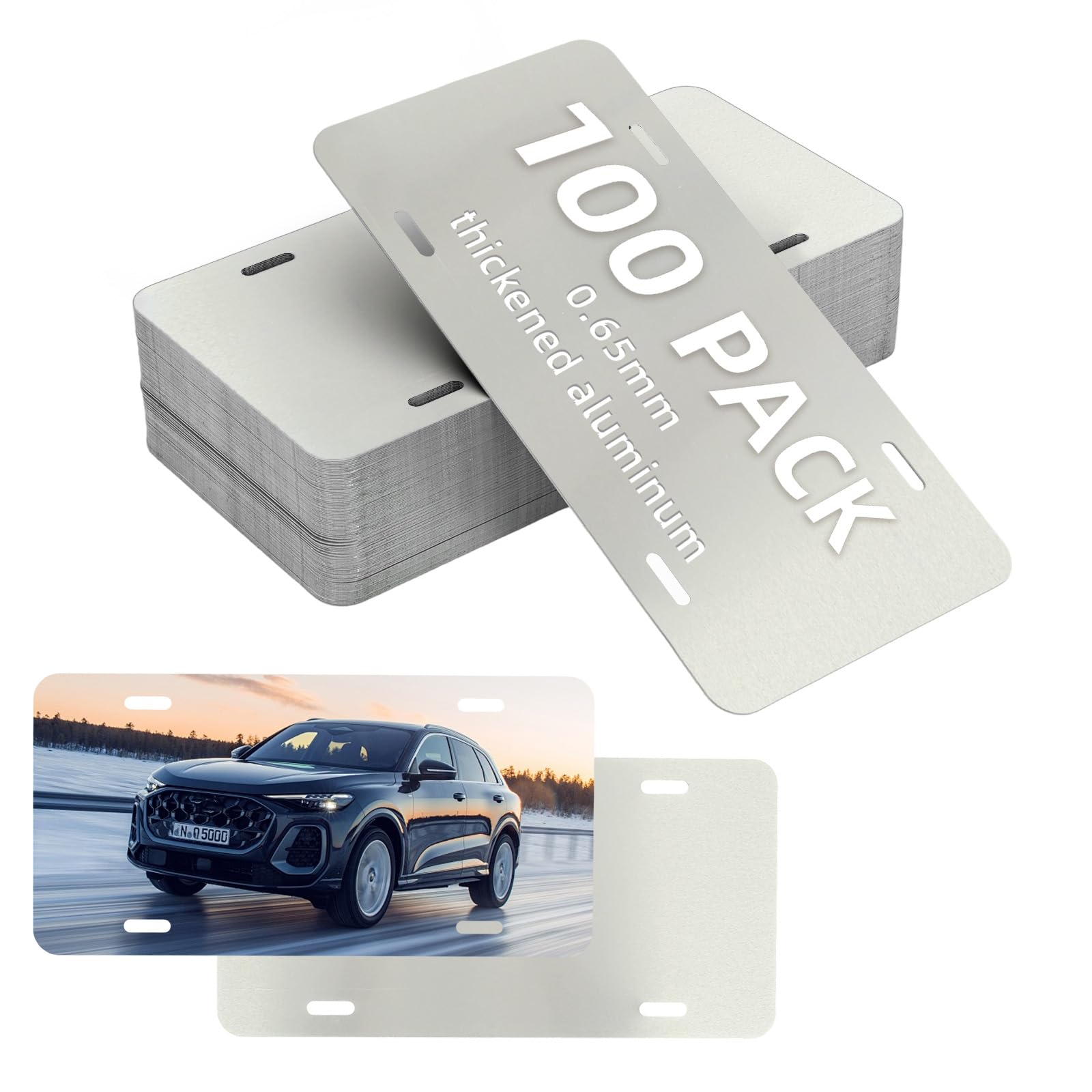 Photo 1 of 100 Pack Sublimation License Plate Blanks, 6"x12"x0.65mm Metal Aluminum Sublimation License Plate Tag, Heat Thermal Transfer License Plate Blanks for DIY Picture Custom Design, White