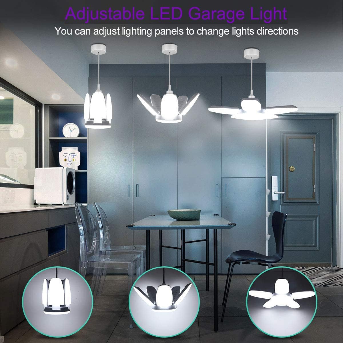 HZSANUE B22 Bayonet LED Garage Light 80W, 6500K Daylight White 9000Lm Deformable Workshop Lamp with 5 Adjustable Panels - Image 5