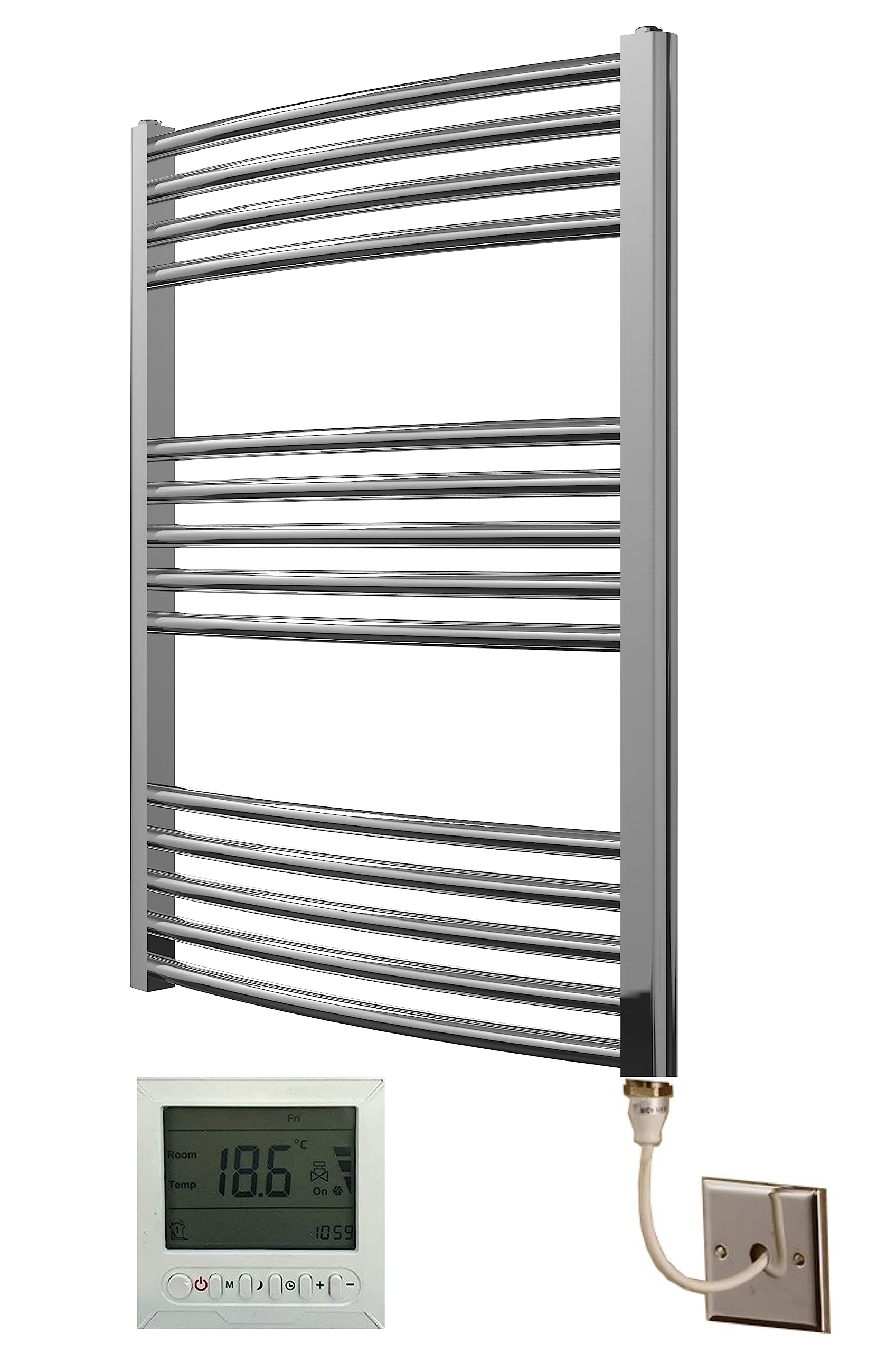 Greened House Electric Chrome 600W x 800H Curved Towel Rail + Timer and Room Thermostat Bathroom Towel Rails