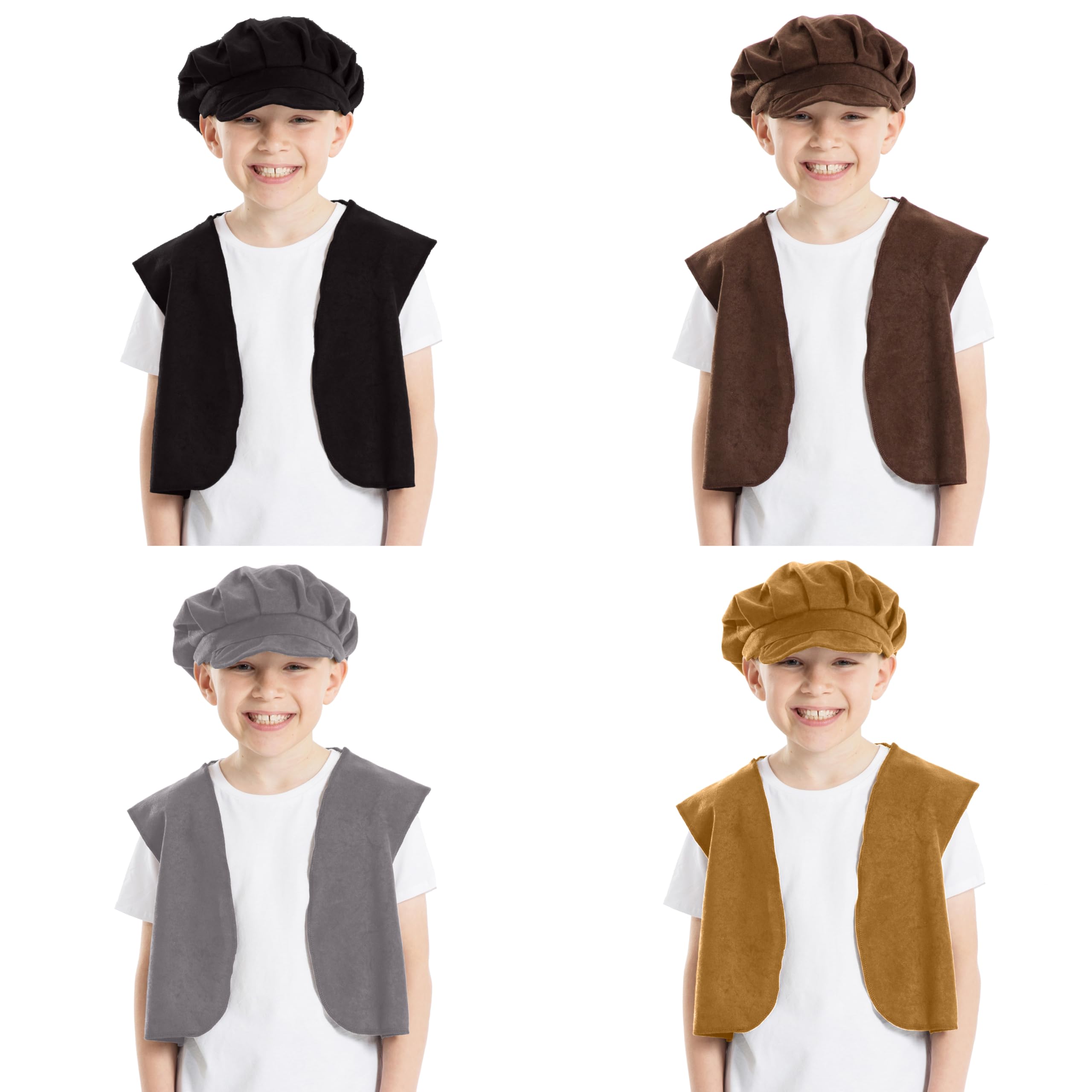 Charlie Crow Victorian Edwardian Urchin costume for kids, two-piece Flat Cap & Waistcoat set. Fits children 3-8 years old. Light Brown.