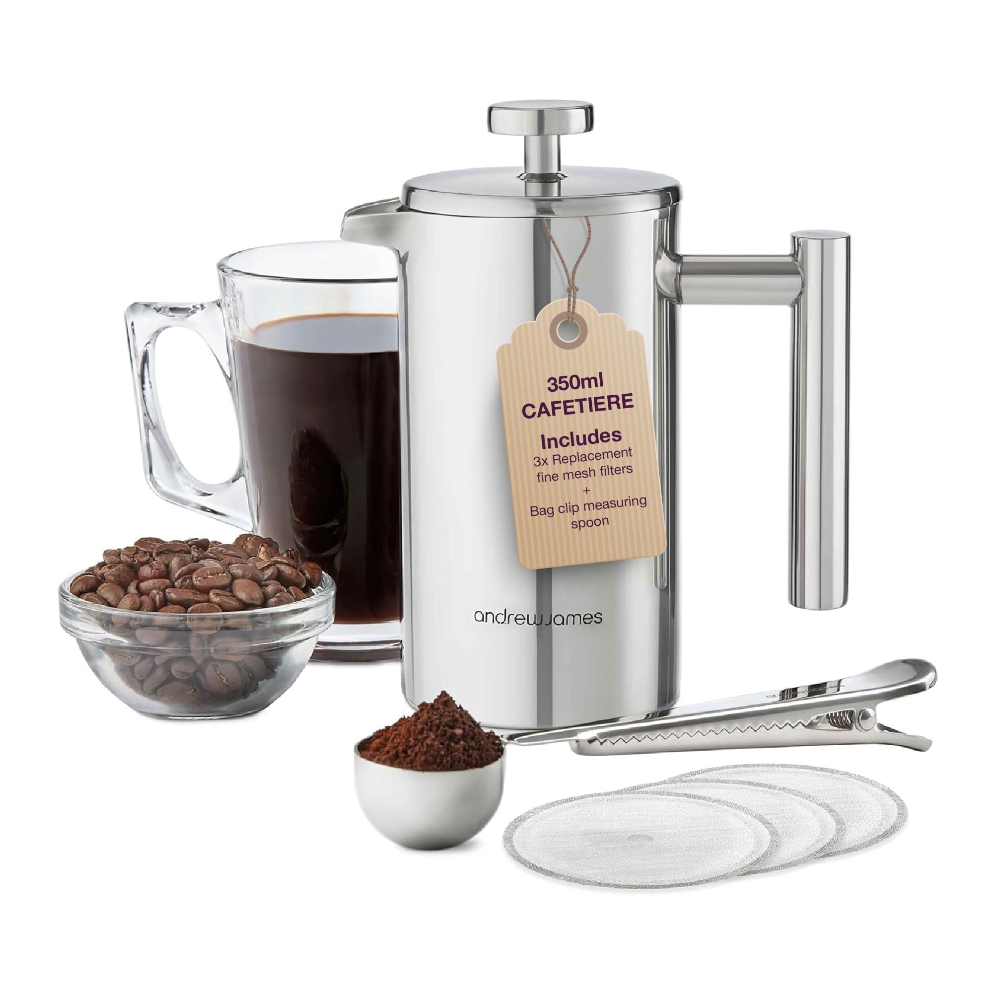 andrew james Double Walled Stainless Steel Cafetiere Gift Set With 3 Mesh Filters, Coffee Measuring Spoon And Bag Sealing Clip, Delicious French Press Coffee, Easy to Clean (350ml, Stainless Steel)