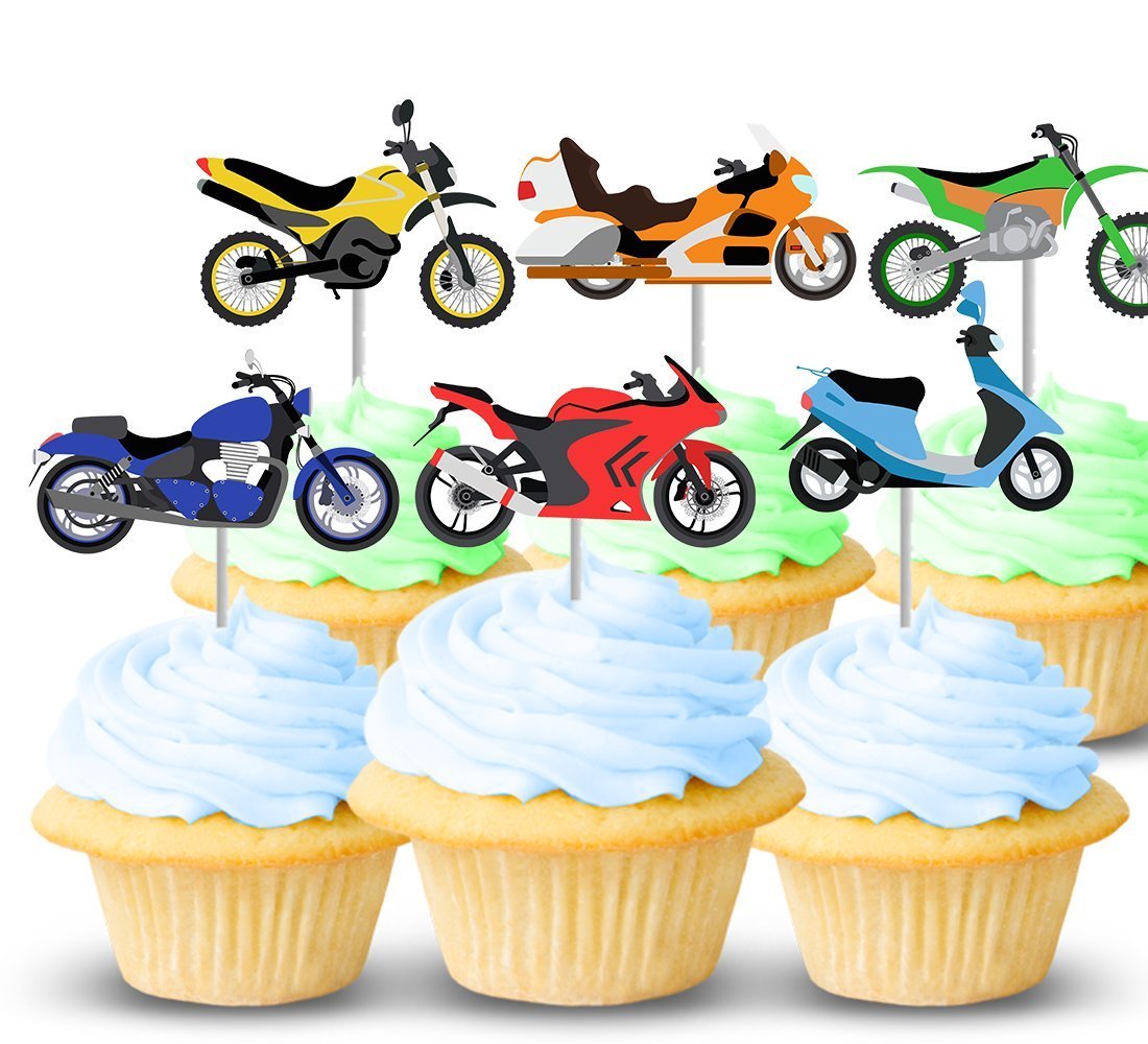 Motorcycle Cupcake Toppers, 12 Pack, Mens Birthday Party