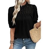 EVALESS Womens Tops Blouses for Women Dressy Casual Waffle Frill Trim Eyelet Embroidery Mock Neck Puff Sleeves Shirts