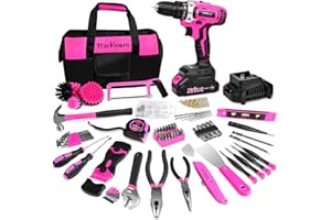 ThinkLearn Tool Kit with 20V Cordless Drill(265in-lbs), Pink Drill Set for Women, Lady's Home Tool Kit for DIY, Daily Repair Tool Set as a Creative Gift with a Large-Capacity Tool Storage Bag