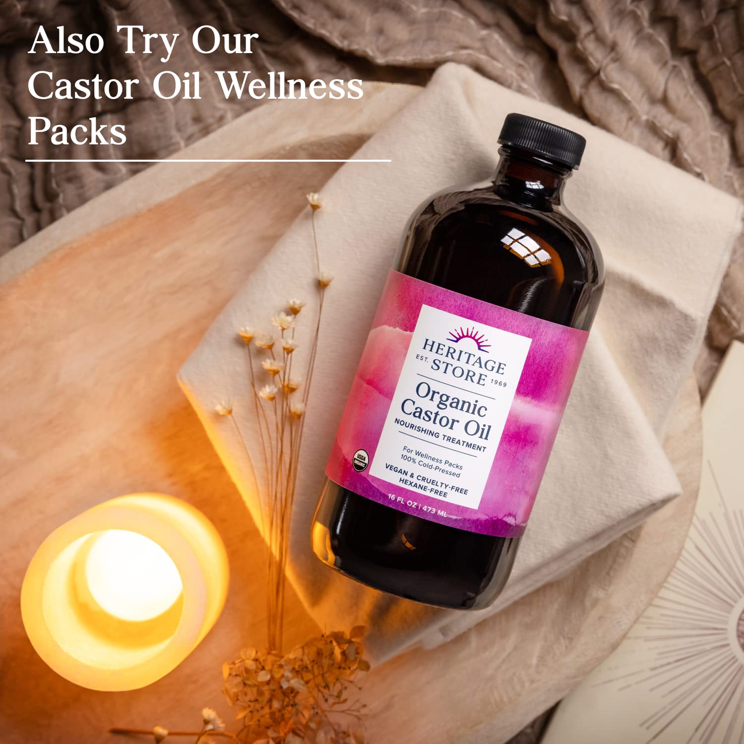 HERITAGE STORE Organic Castor Oil - Nourishing for Hair & Skin | Glass Bottle | Eyelash Serum | for Eyelashes, Brows | Castor Oil Packs | Cold Pressed | Hexane Free | Vegan | 16oz