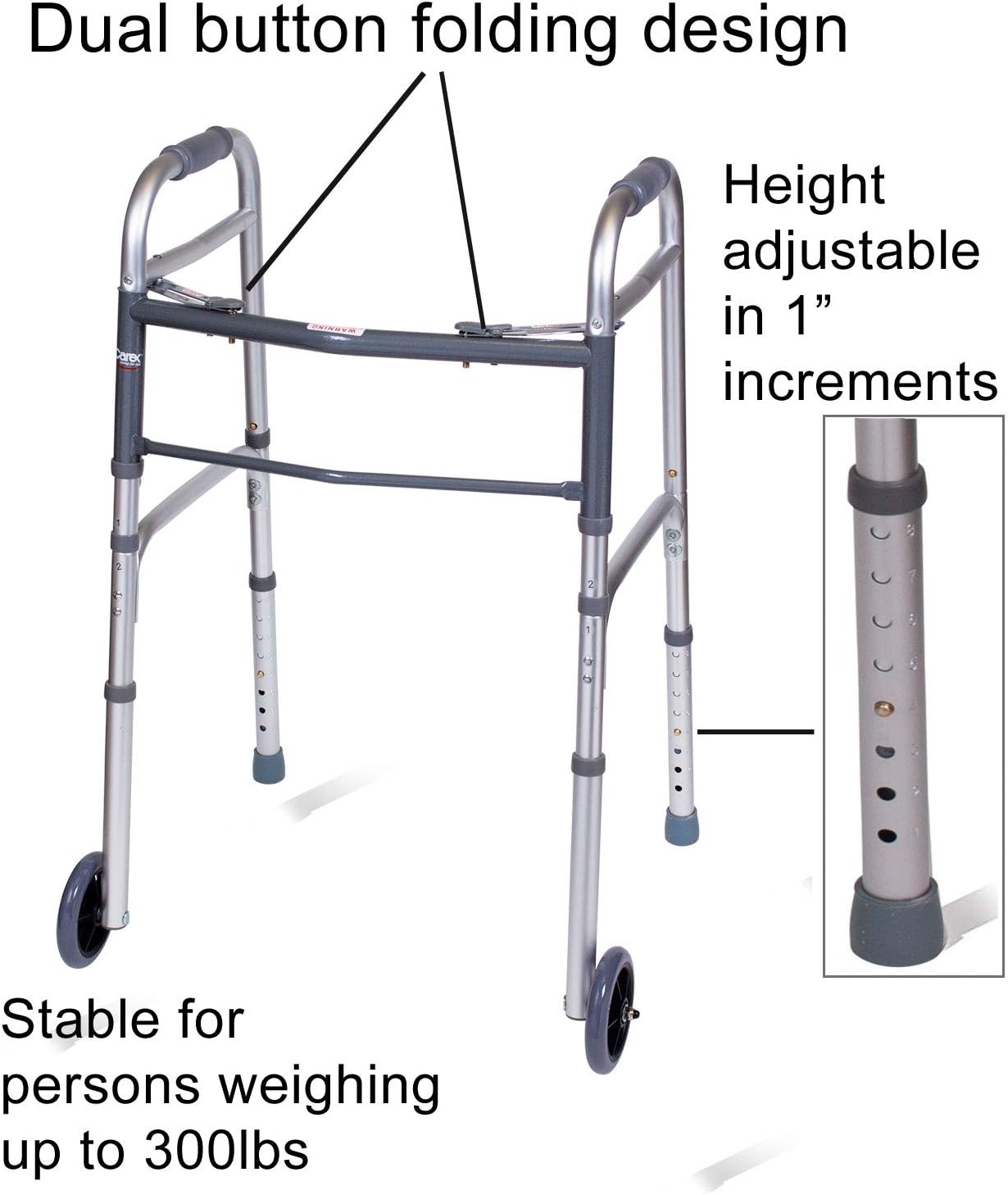 Carex Folding Walker for Seniors - Adult Walker With Wheels - Portable Medical Walker with Adjustable Height, 30-37 Inches: Health & Personal Care