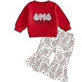BemeyourBBs Toddler Baby Girl Christmas Outfit Pullover Sweatshirt Top Flared Pants Set Cute 2 Piece Bell Bottom Outfit