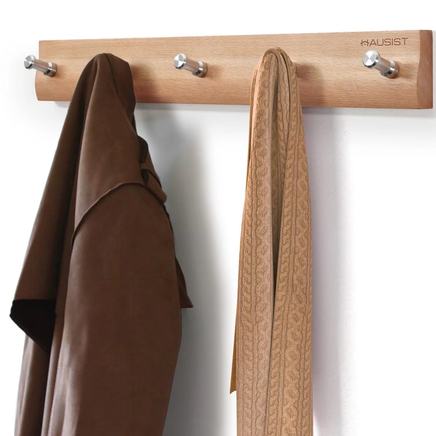 Photo 1 of HAUSIST 16.9Inch Wall Coat Rack with 5 CNC Stainless Hooks - Solid Beech Wood Hangers - Farmhouse Entryway Organizer for Hat, Scarf, Towel - Space-Saving Decor for Bathroom, Bedroom, Closet, Kitchen