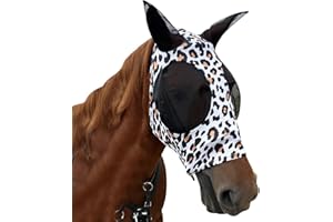 EHZYAZ Horse Fly Mask with Ears - Equine Fly Mask for Horses with Sunlight Protection, Large Eye Space with Breathable Elastic Fabric, Funny Horse Mask Suitable for Large Size Horses Leopard Print