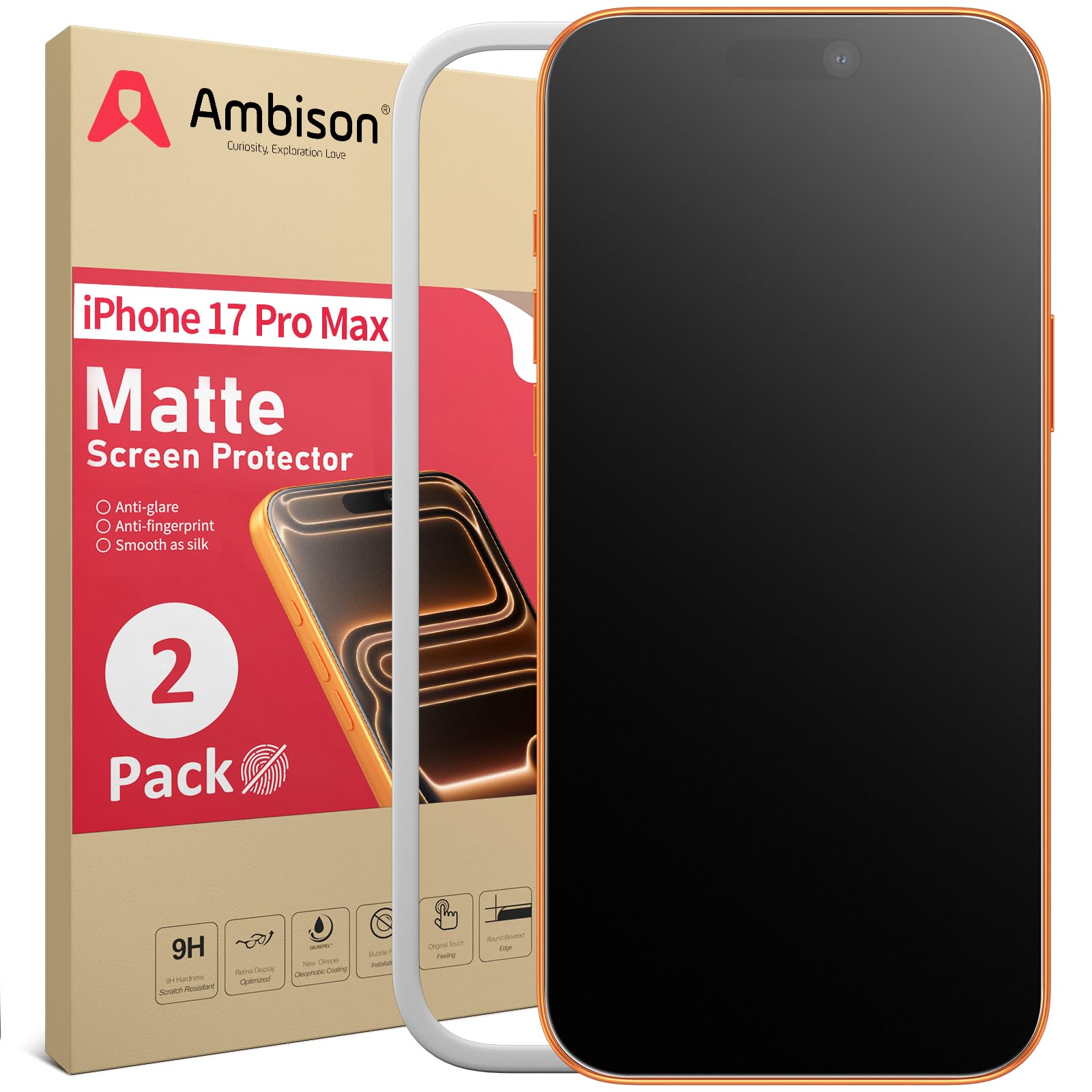 Photo 1 of Ambison 2 Pack Matte Screen Protector for iPhone 17 Pro Max 6.9inch 2025 Tempered Glass, ,Scratch Resistance Military Grade, Anti Glare & Anti Fingerprint, No Bubbles, Smooth as Silk, Easy Installation Frame