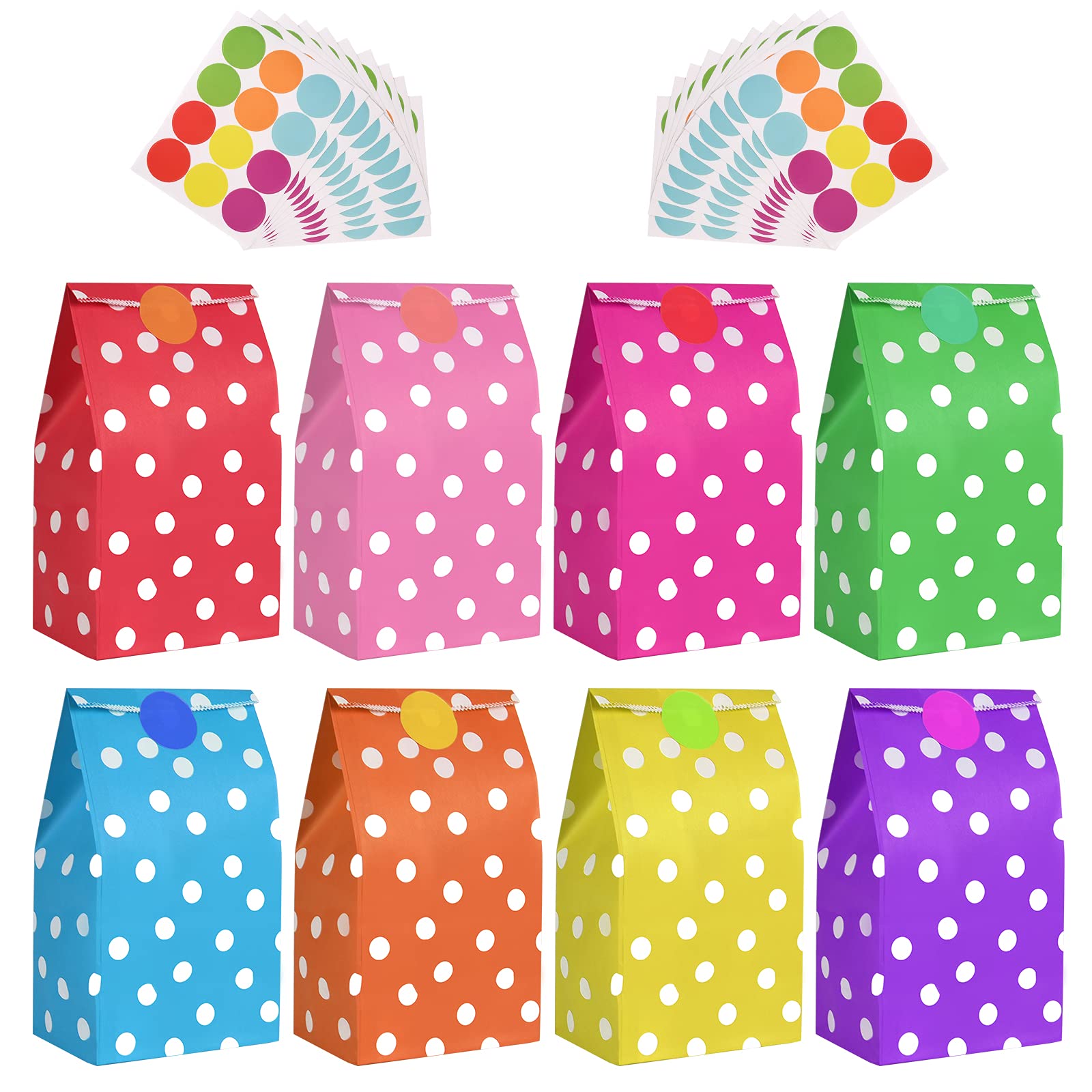 flintronic Paper Bags, 50 Pcs Rainbow Gift and Sweet Bag with 120 Stickers,Dot Pattern Kraft Bags for Kids Party, Celebrations, Baby Shower, Birthday, Halloween, Christmas(8 * 13 * 24cm)