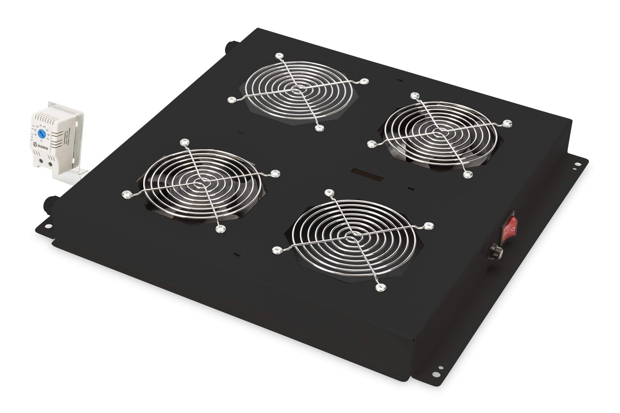 DIGITUS roof fan unit for 19-inch network cabinet – 2 fans – thermostat – air flow rate 4.6 m³ per minute – for Unique, Unique Light and Server-N series – black