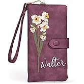 MirthfulMemento Custom Name Birth Flower Wallet for Women, Personalized Stylish Card Holder Purse with Zipper, Large Capacity Wallet Mother's Day Christmas Gifts for Mom Daughter (Purple)