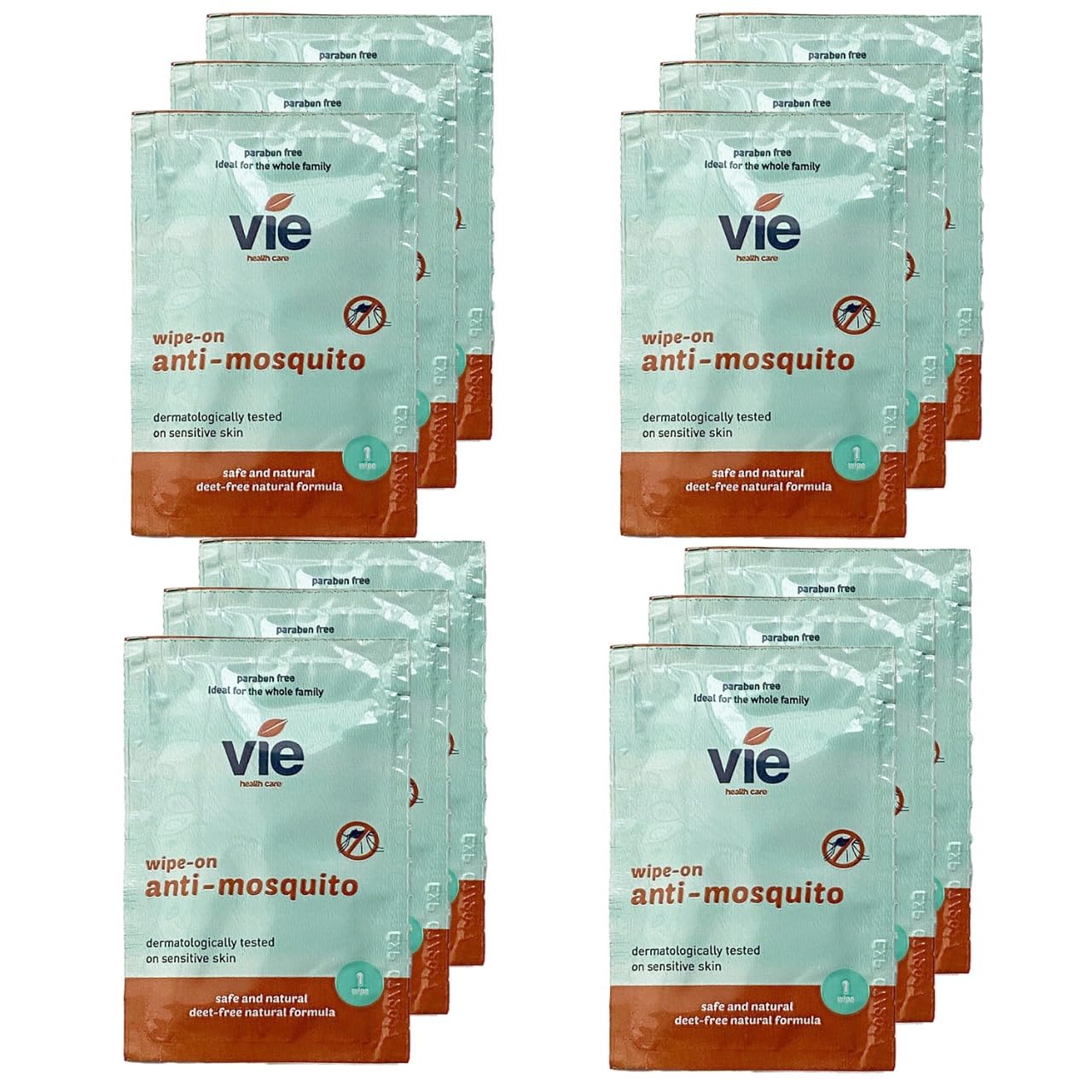 VIE Mosquito Wipes (Pack of 12) | DEET-Free Natural Formula | Individually Wrapped for Convenience | Safe for Babies & Kids | Effective Protection Against Mosquito & Insect Bites | Outdoor Essential — image 1