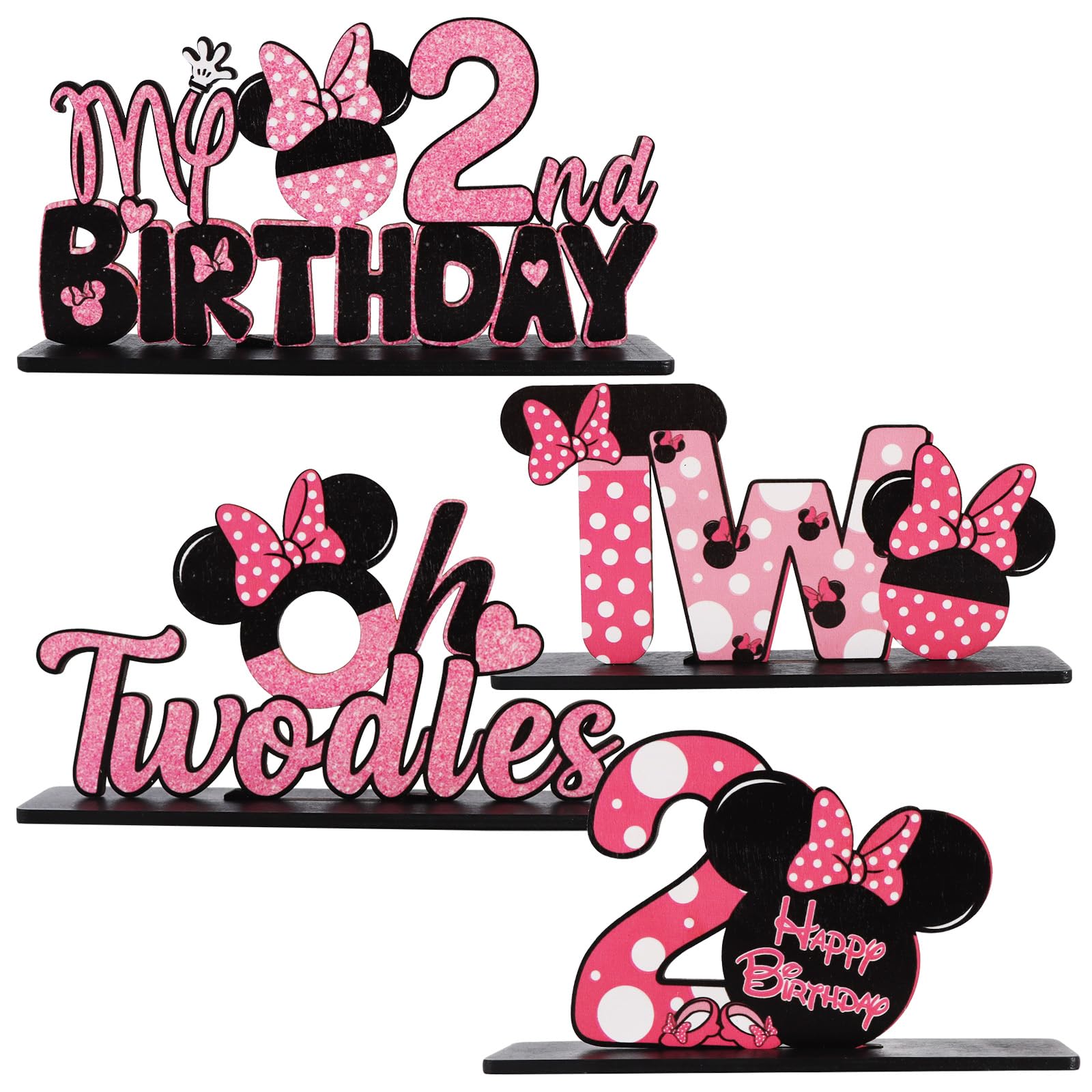 Photo 1 of TONIFUL Pink Mouse 2nd Birthday Party Supplies 2nd Table Centerpieces Pink Mouse Theme Design Sturdy Wooden for Girl TWO Years Old Birthday Favors 2nd Birthday Party Decorations (4 Pcs)