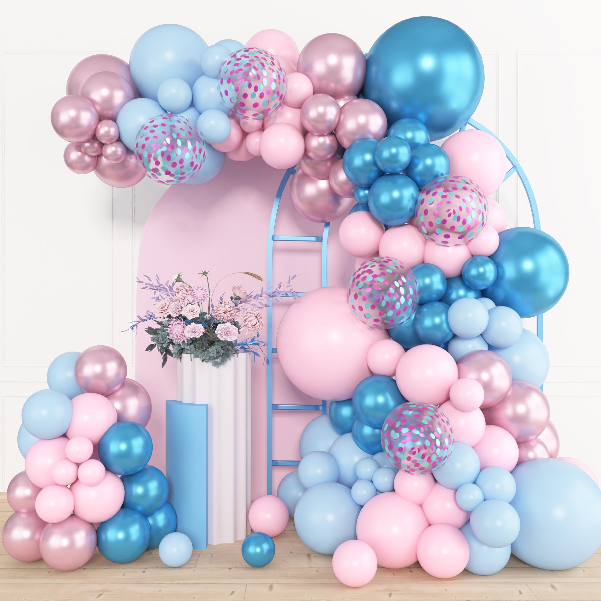 Photo 1 of Amandir 153pcs Pink Blue Balloon Garland Arch Kit, Different Sizes 18 12 10 5 inch Metallic Pink Blue Latex Confetti Balloons for Boy Girl Gender Reveal Neutral Baby Shower Birthday Party Decoration
