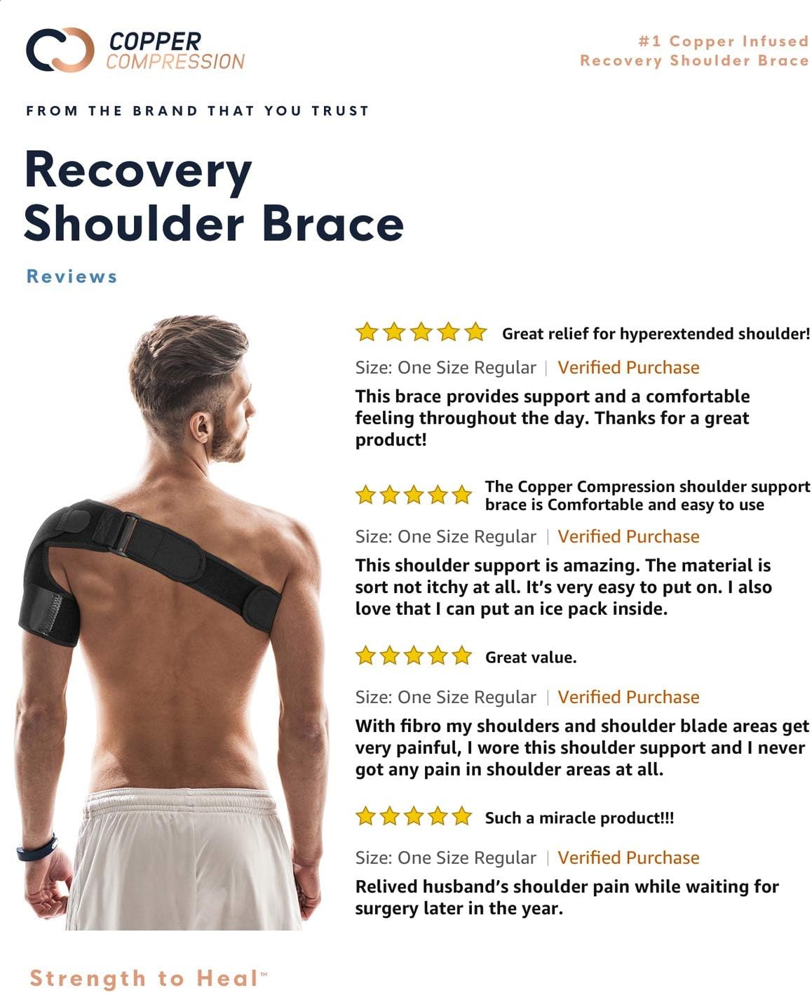 Copper Compression Recovery Shoulder Brace - Highest Copper Content Shoulder Stability Support Brace. Adjustable Fit Sleeve Wrap Men Women. Relief for Shoulder Injuries, Tendonitis (One Size Regular): Health & Personal Care
